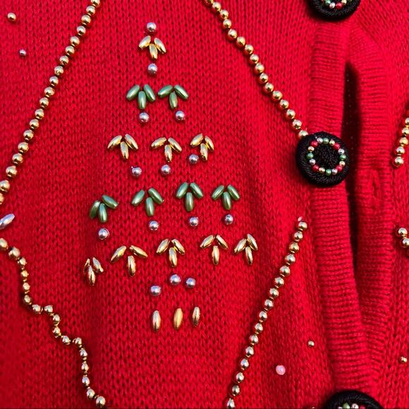 Vintage 90s Studio Joy red button down Ugly Christmas cardigan beaded trees - Picture 3 of 6